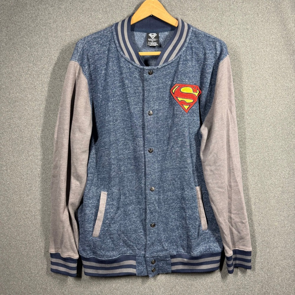Superman Mens Varsity Bomber Jacket Blue Grey Marl Snap Front Sweatshirt Large